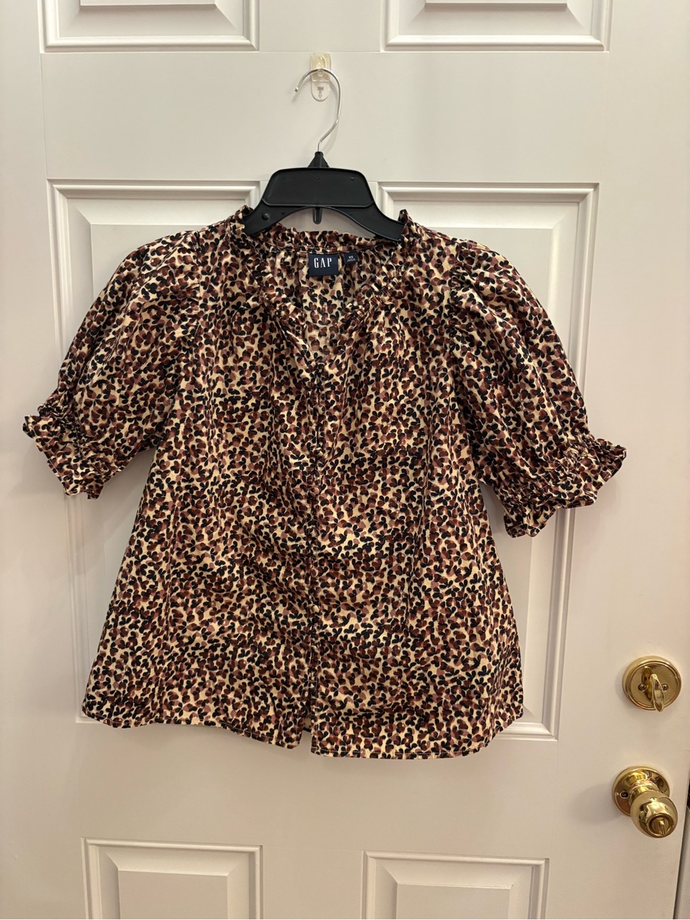 GAP Women’s Leopard Print Puff Sleeve Blouse - Brown/Black/Cream